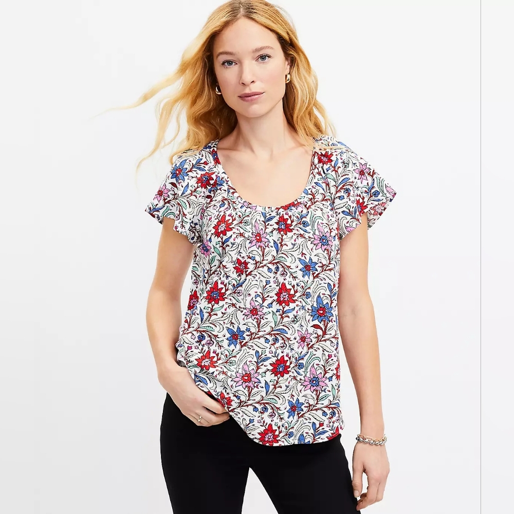 LOFT Spring Bloom Shirred Scoop Neck Top